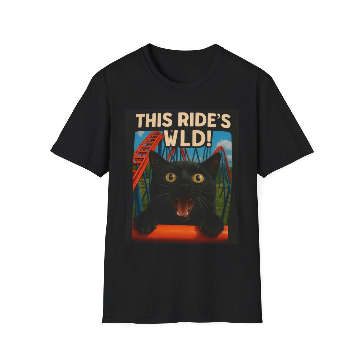 Wild Ride Cat T-Shirt, Fun Graphic Tee, Cat Lover Gift, Amusement Park Shirt, Unisex Softstyle Tee, Playful Cat Design