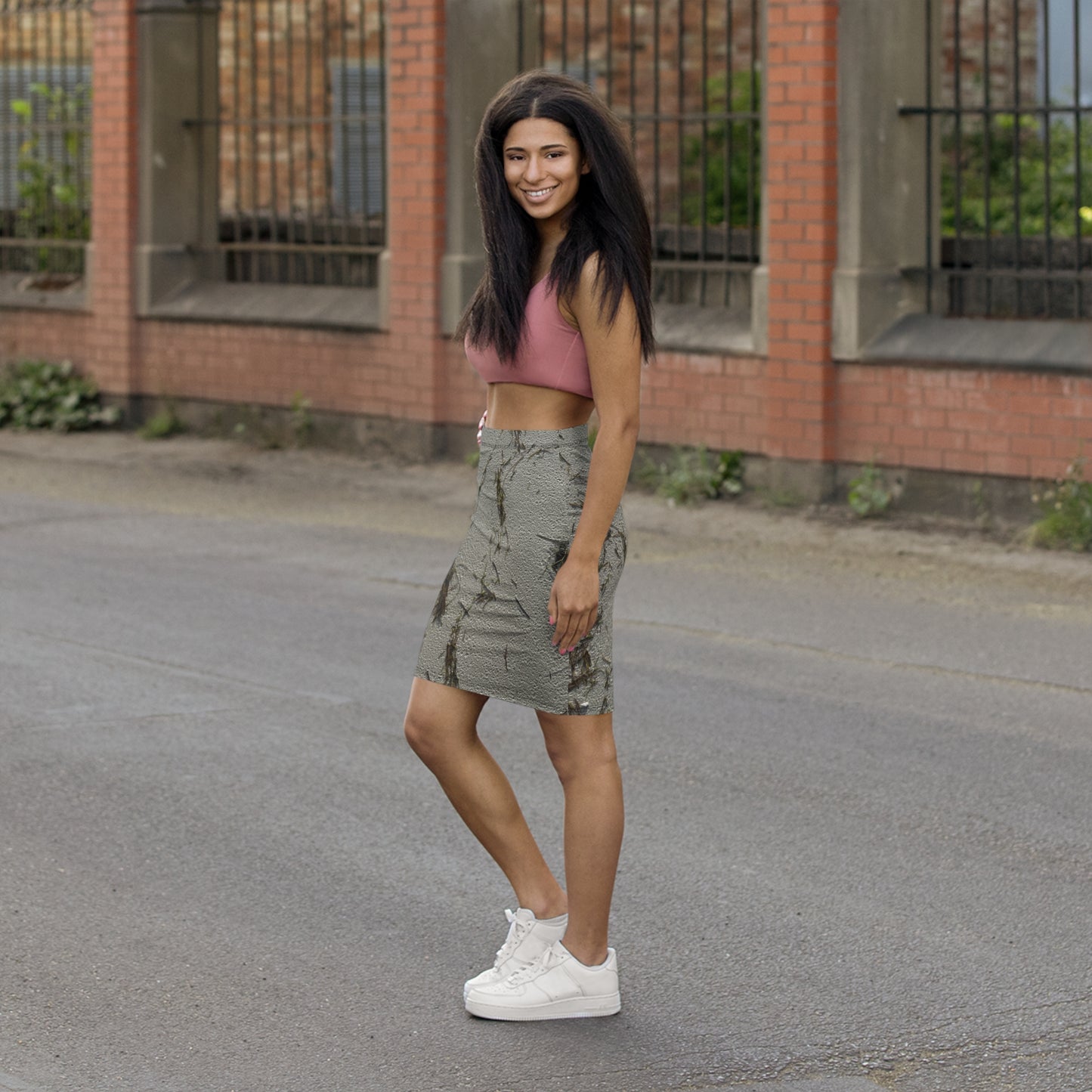 Textured Gray Mid-Waist Pencil Skirt - Stylish and Versatile. Tropical soul