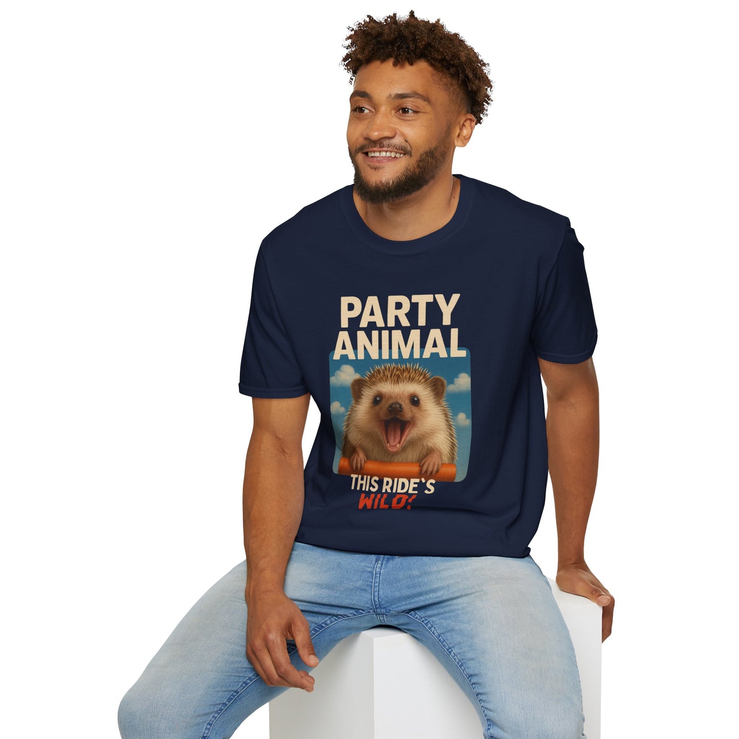 Party Animal Hedgehog Unisex Softstyle T-Shirt, Fun Gift, Animal Lover Shirt, Birthday Tee, Casual Wear, Wild Ride