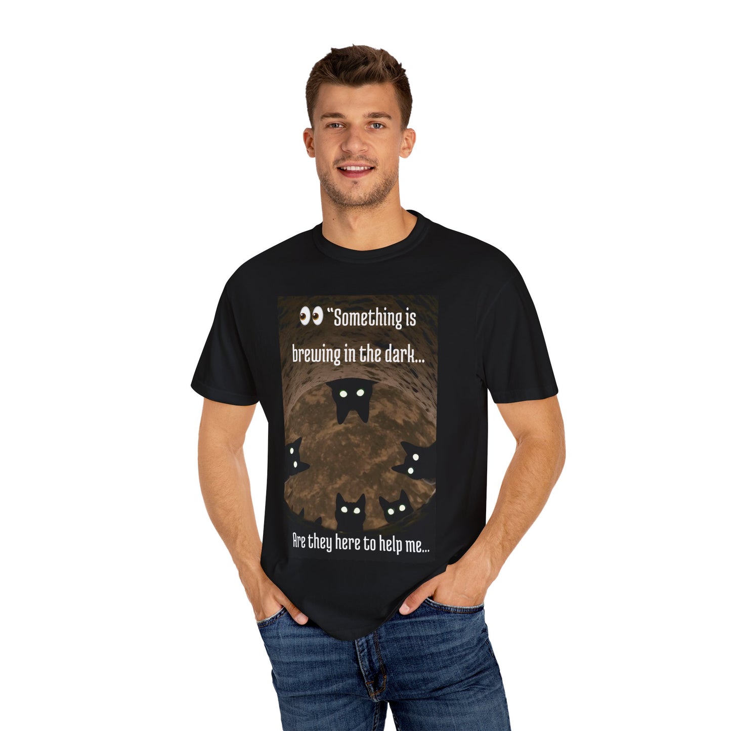 Mysterious Cat-Themed T-Shirt, Quirky Gift for Cat Lovers, Halloween Apparel, Unisex Garment-Dyed Tee, Fun Statement Shirt