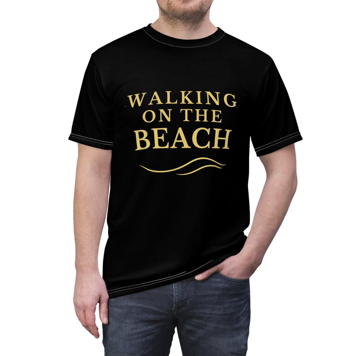 Walking On The Beach T-Shirt — Coastal Vacation Tee with Gold Script