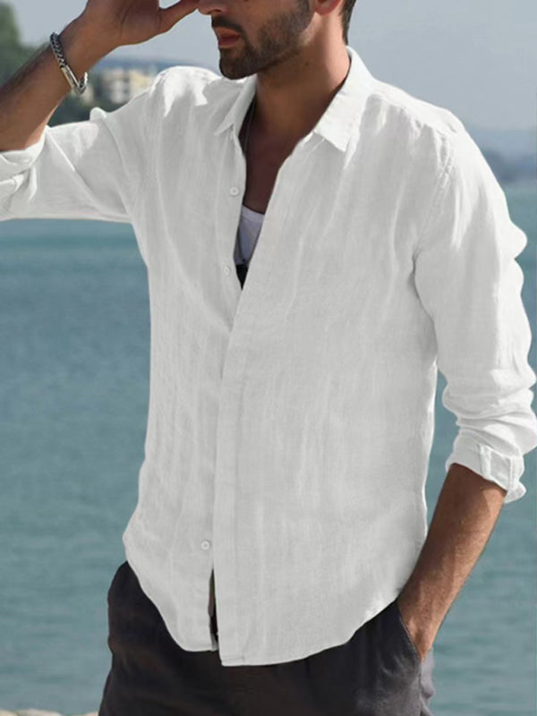 Casual long sleeved cotton linen solid color shirt for men