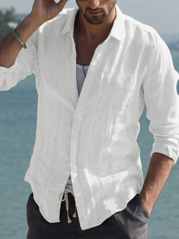 Casual long sleeved cotton linen solid color shirt for men