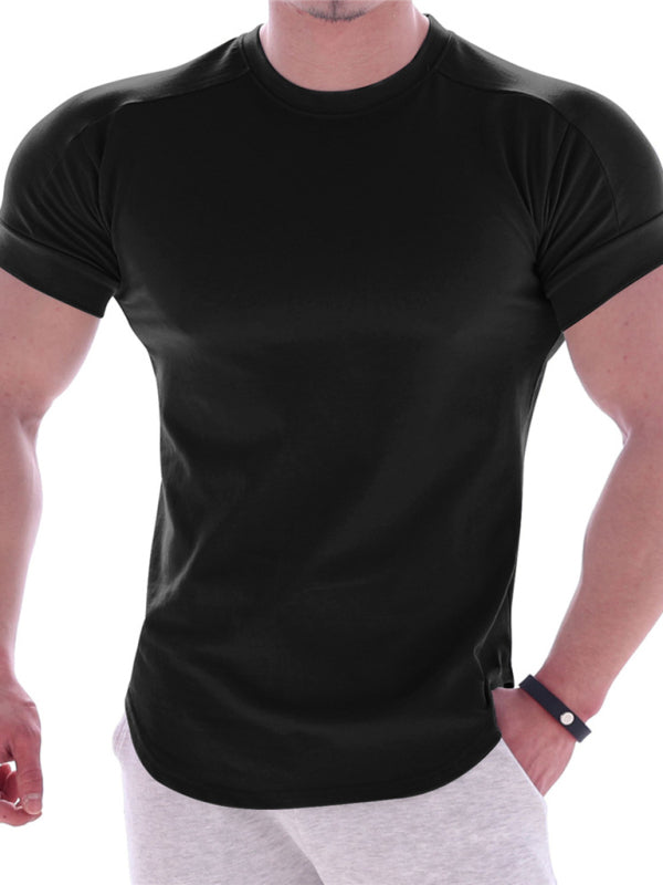 Fitness trendy brand quick-drying round neck elastic short-sleeved tight-fitting sports T-shirt for men