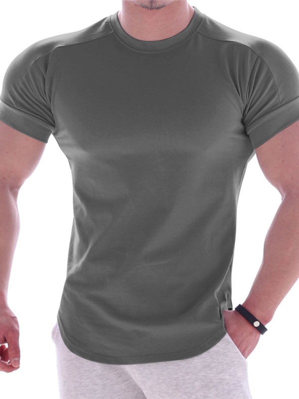 Fitness trendy brand quick-drying round neck elastic short-sleeved tight-fitting sports T-shirt for men