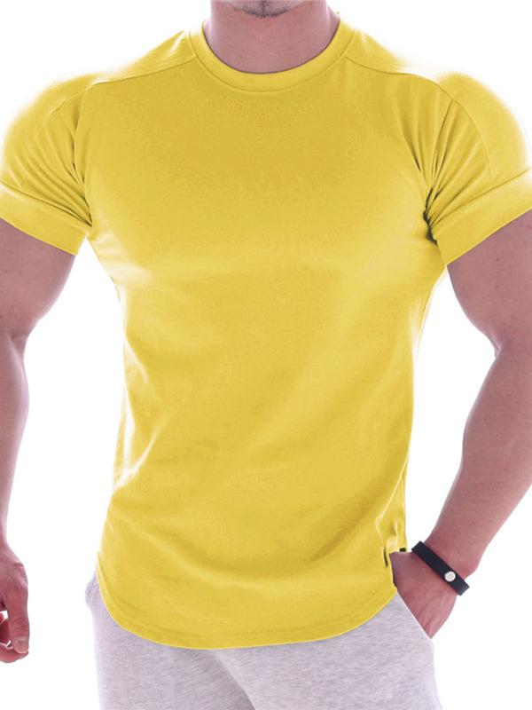 Fitness trendy brand quick-drying round neck elastic short-sleeved tight-fitting sports T-shirt for men