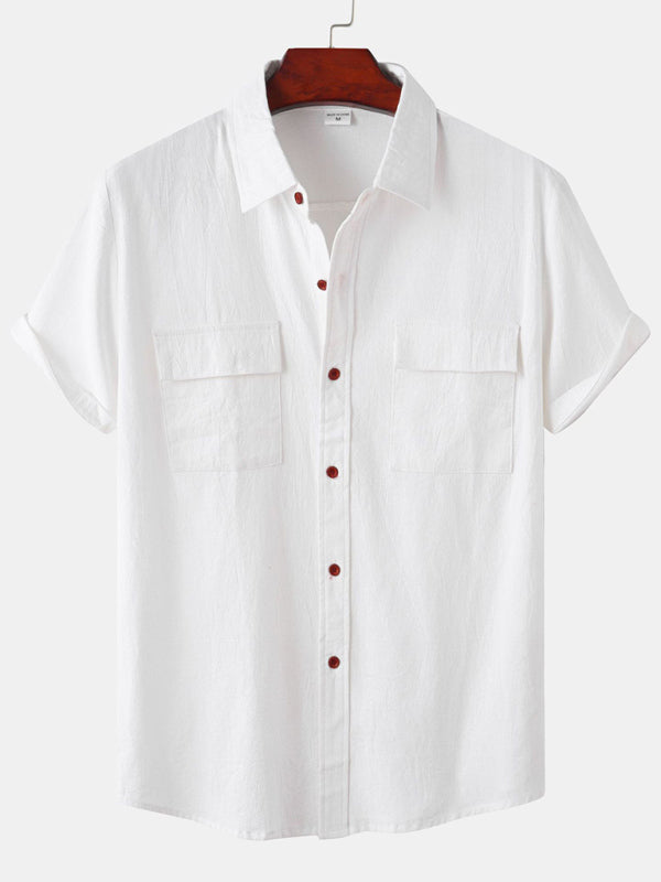 Men's Square Neck Casual Cotton Linen Shirt Linen Solid Color Half Sleeve Top