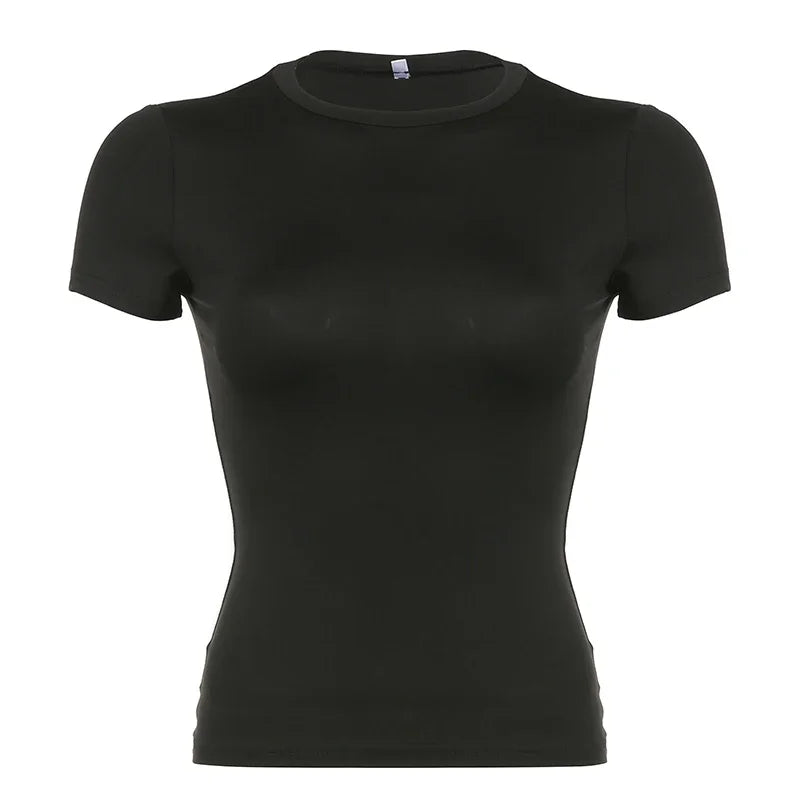 Basic Solid Crop Top Short Sleeve Crewneck Skinny T-shirt Summer Casual Tee for Women Y2K Vintage Top Harajuku Streetwear