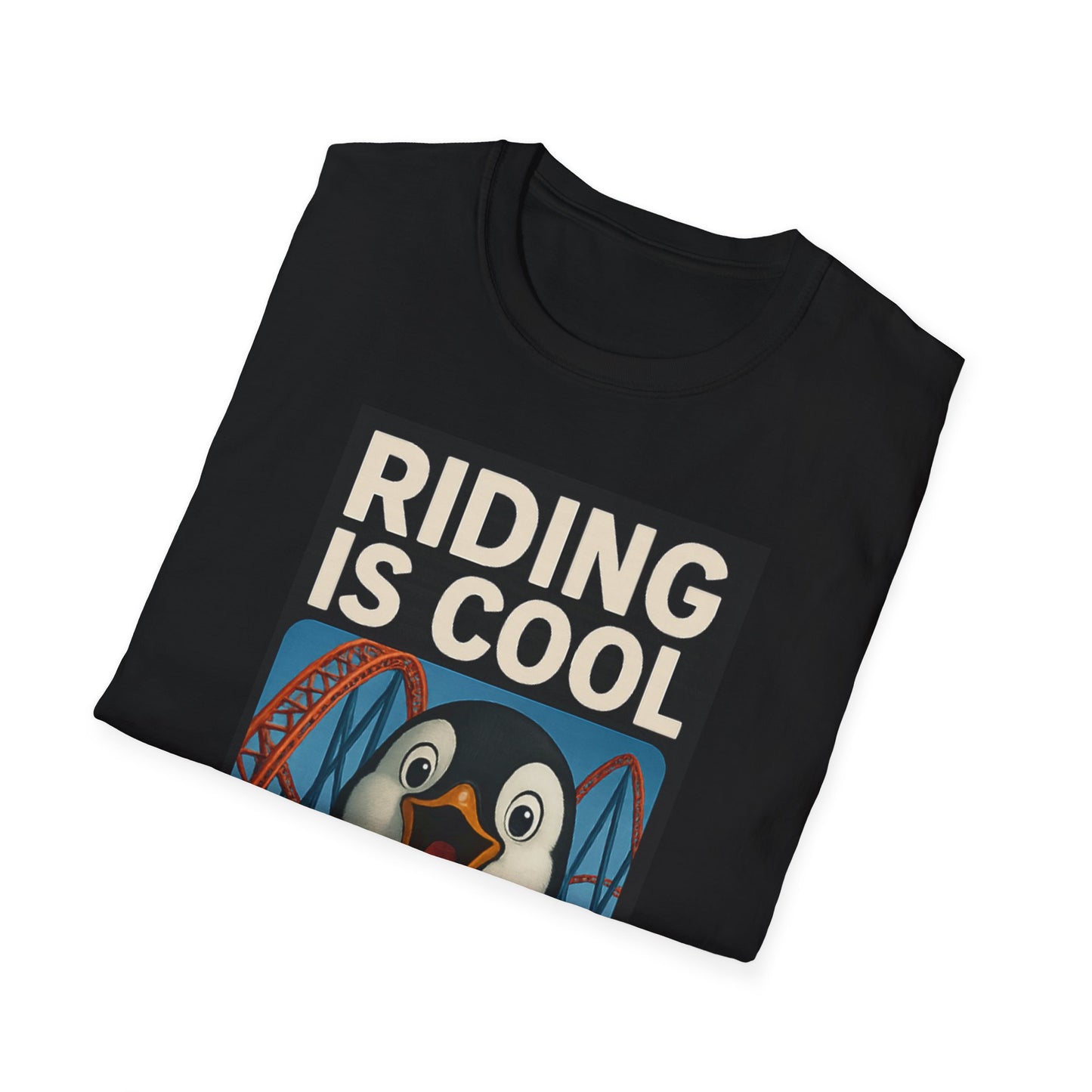Cool Riding Penguin Unisex T-Shirt, Fun Graphic Tee, Amusement Park Shirt, Gift for Friends, Summer Casual Wear