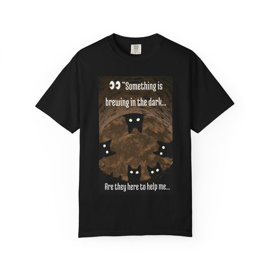 Mysterious Cat-Themed T-Shirt, Quirky Gift for Cat Lovers, Halloween Apparel, Unisex Garment-Dyed Tee, Fun Statement Shirt
