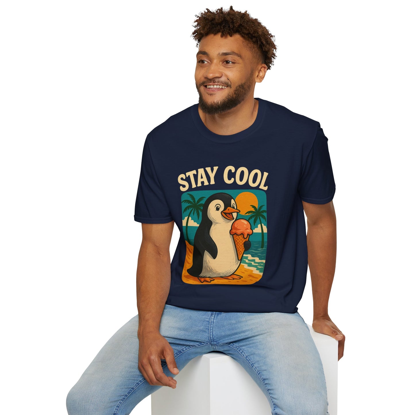 Stay Cool Penguin Unisex T-Shirt, Summer Gift, Ice Cream Tee, Beachwear, Fun Casual Shirt, Cool Vibe Apparel