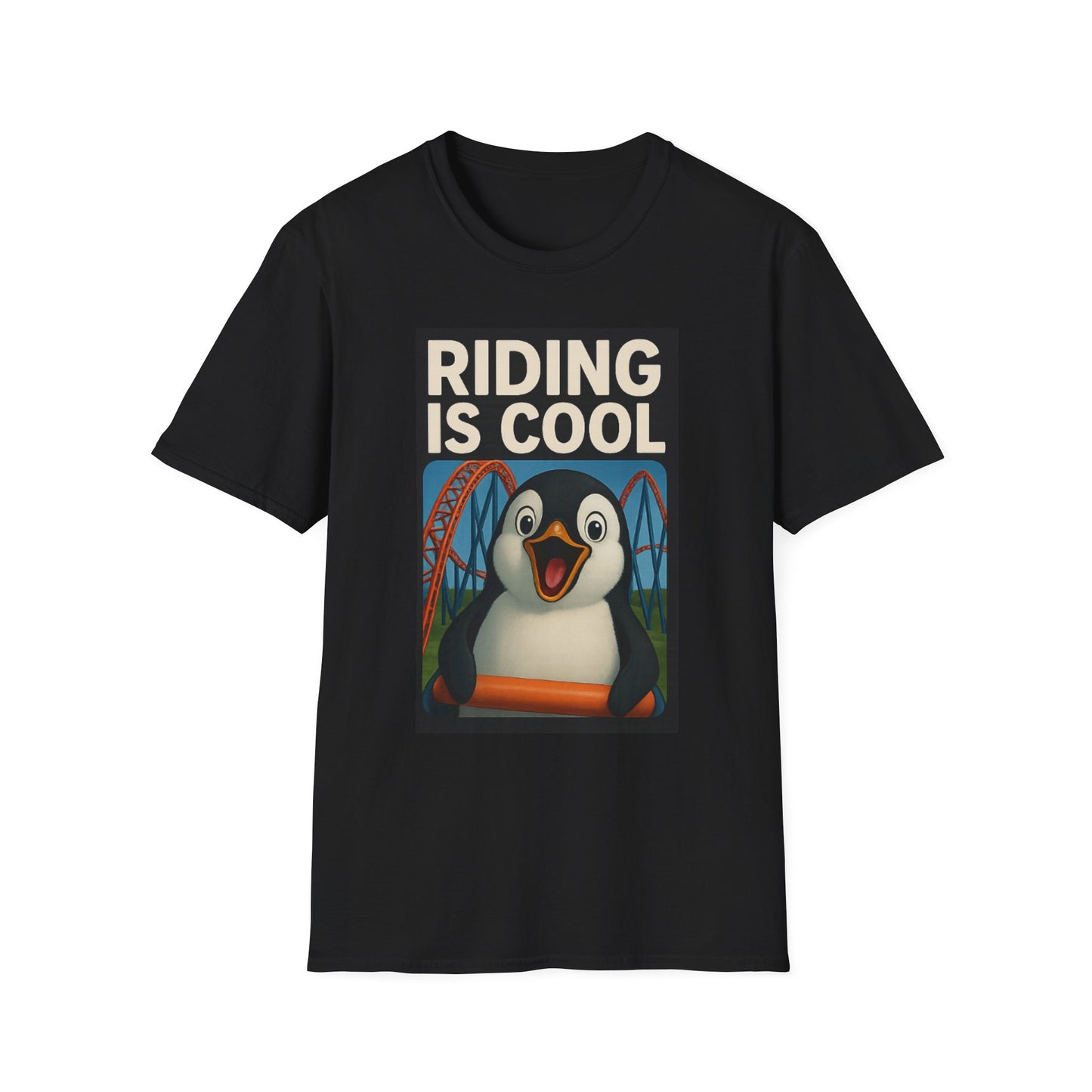 Cool Riding Penguin Unisex T-Shirt, Fun Graphic Tee, Amusement Park Shirt, Gift for Friends, Summer Casual Wear