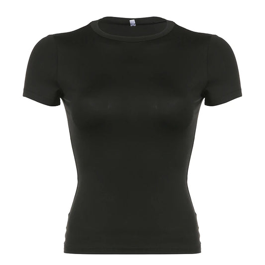 Basic Solid Crop Top Short Sleeve Crewneck Skinny T-shirt Summer Casual Tee for Women Y2K Vintage Top Harajuku Streetwear