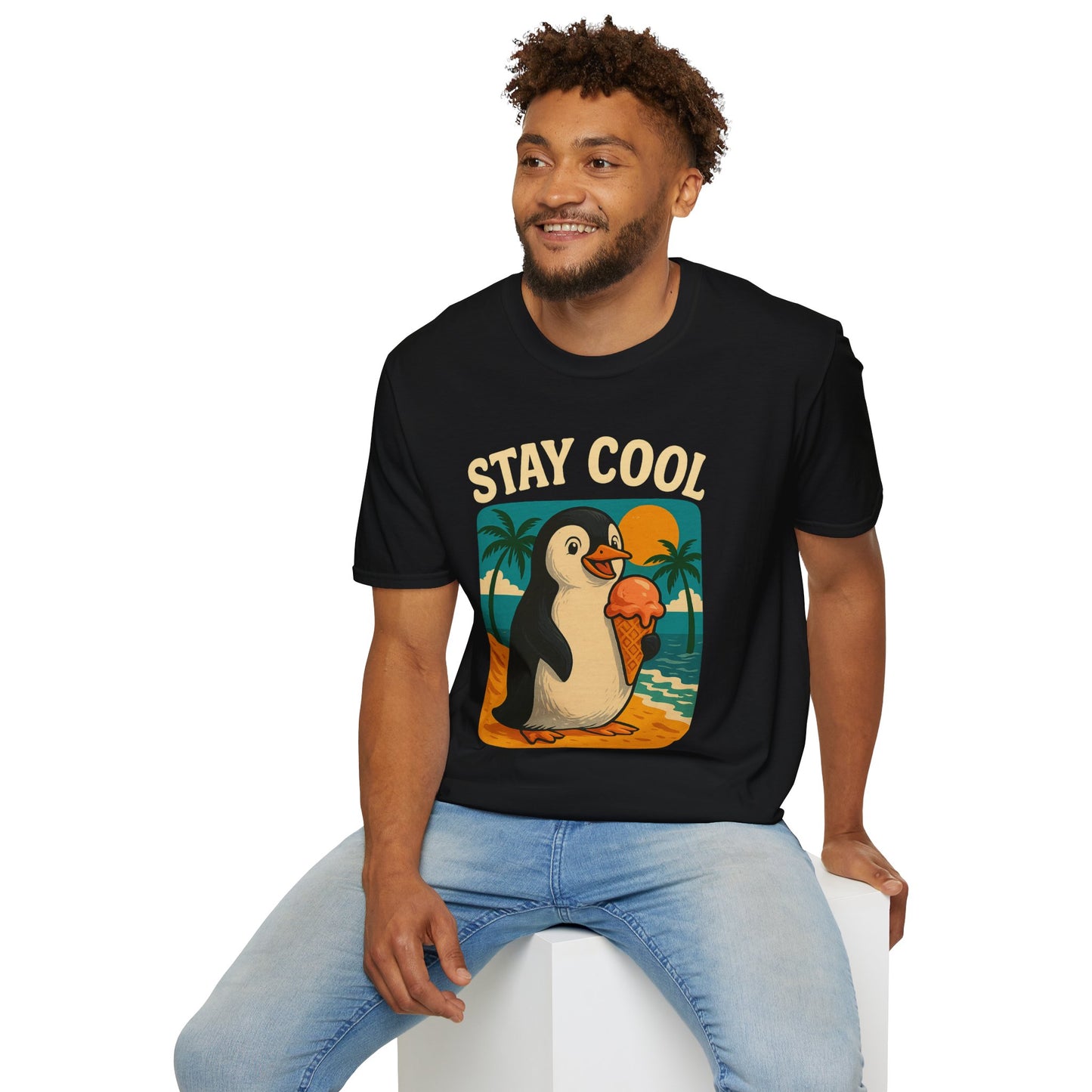 Stay Cool Penguin Unisex T-Shirt, Summer Gift, Ice Cream Tee, Beachwear, Fun Casual Shirt, Cool Vibe Apparel