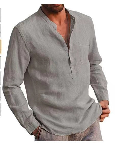 Men Four Seasons Leisure Long Sleeve Woven Flax Shirt