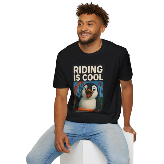 Cool Riding Penguin Unisex T-Shirt, Fun Graphic Tee, Amusement Park Shirt, Gift for Friends, Summer Casual Wear
