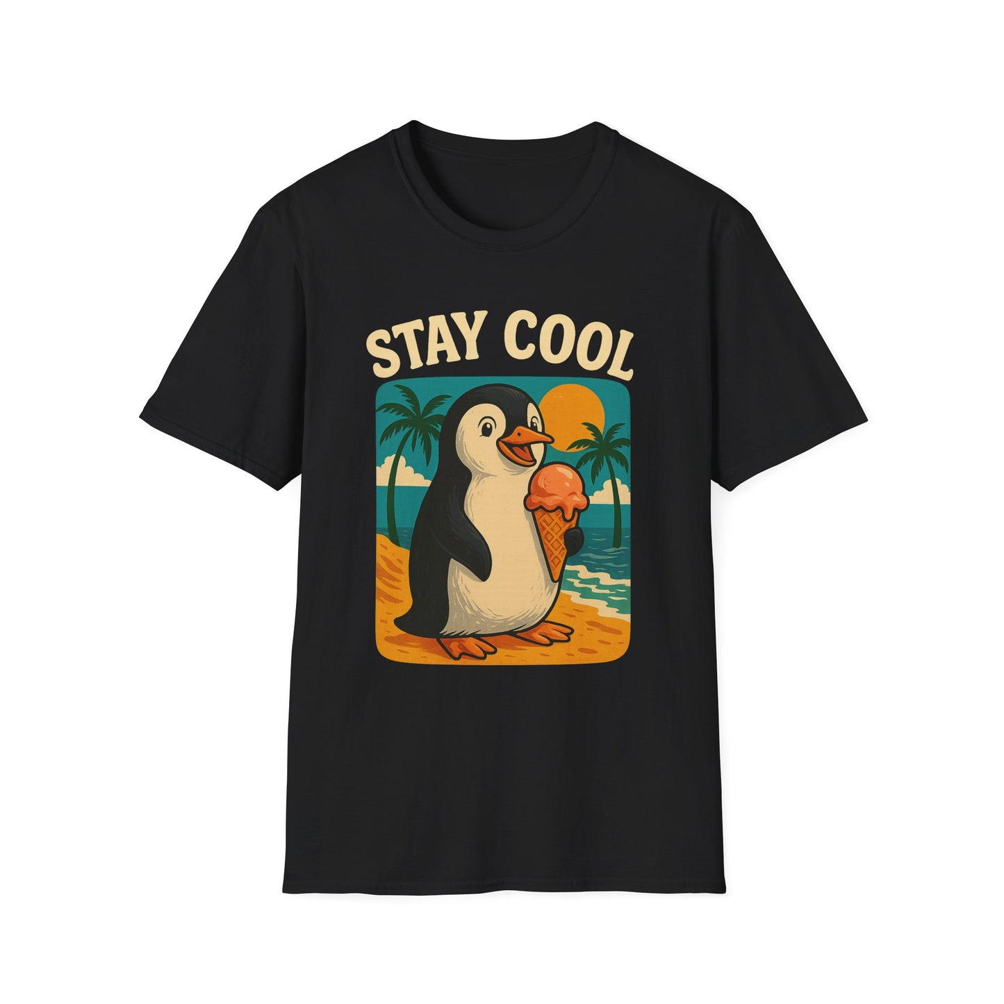 Stay Cool Penguin Unisex T-Shirt, Summer Gift, Ice Cream Tee, Beachwear, Fun Casual Shirt, Cool Vibe Apparel