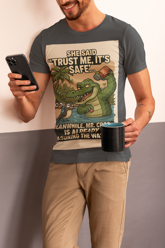 Funny Crocodile T-Shirt, Croc Shirt, Trust Me It's Safe Tee, Humorous Graphic Tee, Summer Fun Shirt, Gift for Nature Lovers
