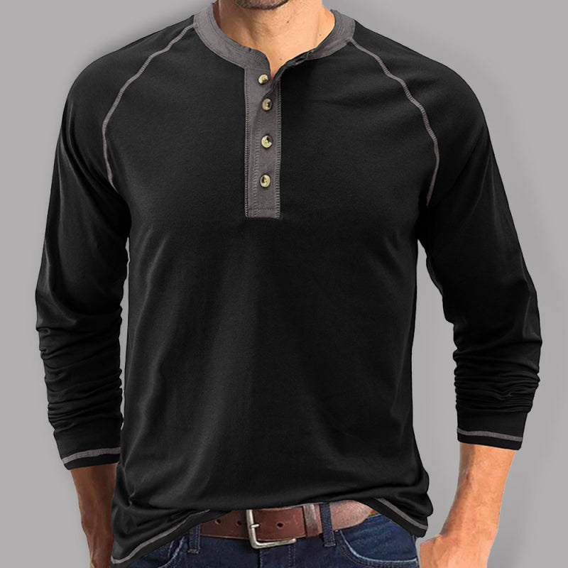 Men's T-Shirt Solid Color Button Colorblock Long Sleeve Top