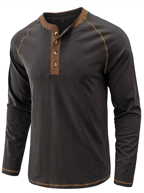 Men's T-Shirt Solid Color Button Colorblock Long Sleeve Top