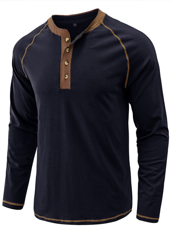 Men's T-Shirt Solid Color Button Colorblock Long Sleeve Top