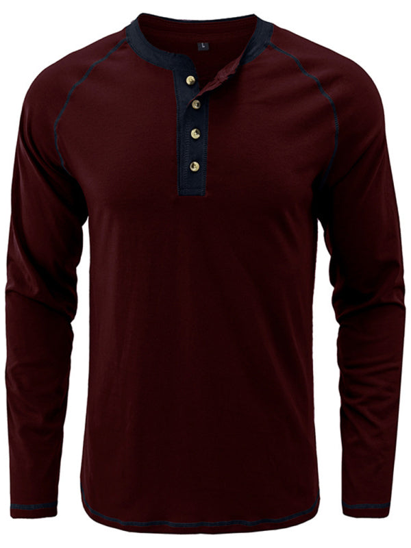 Men's T-Shirt Solid Color Button Colorblock Long Sleeve Top