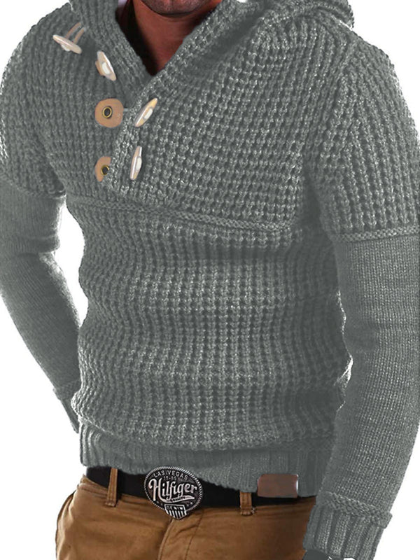 Men's Solid Color Lapel Collar Diagonal Button Horn Button Pullover Sweater