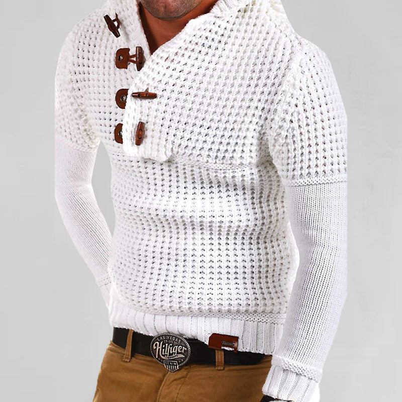 Men's Solid Color Lapel Collar Diagonal Button Horn Button Pullover Sweater