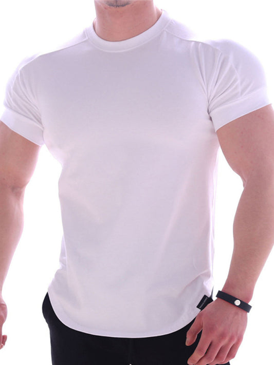 Fitness trendy brand quick-drying round neck elastic short-sleeved tight-fitting sports T-shirt for men