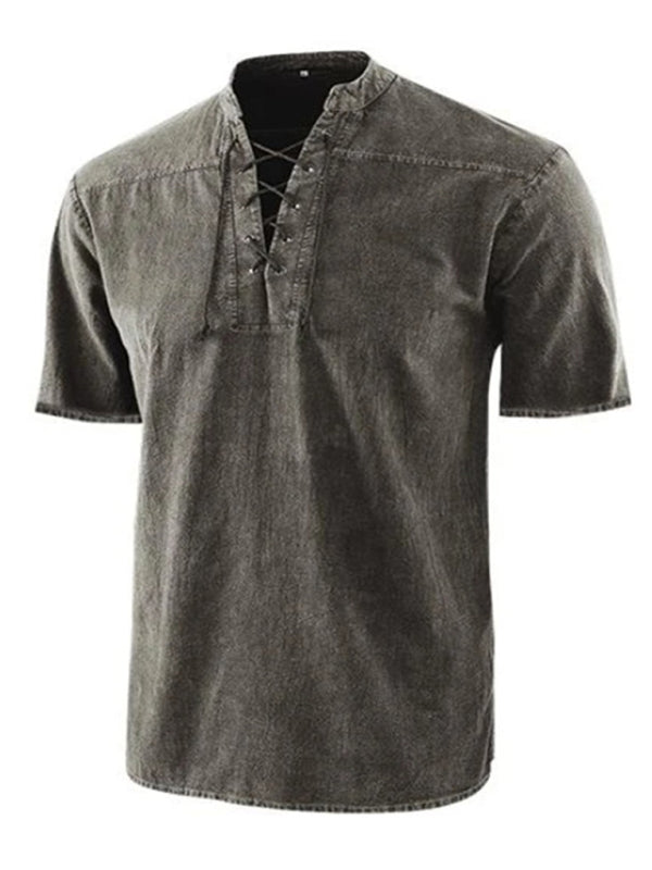 Men's Woven Retro Lace Up Collar Casual Short Sleeve Shirt