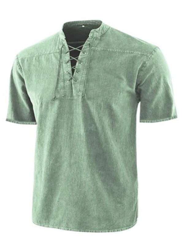 Men's Woven Retro Lace Up Collar Casual Short Sleeve Shirt