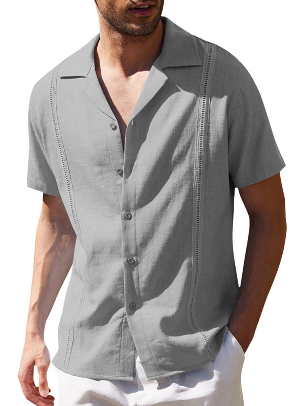 Men's Loose Casual Linen Shirt Cuban Guayabera Short Sleeve Beach Shirt