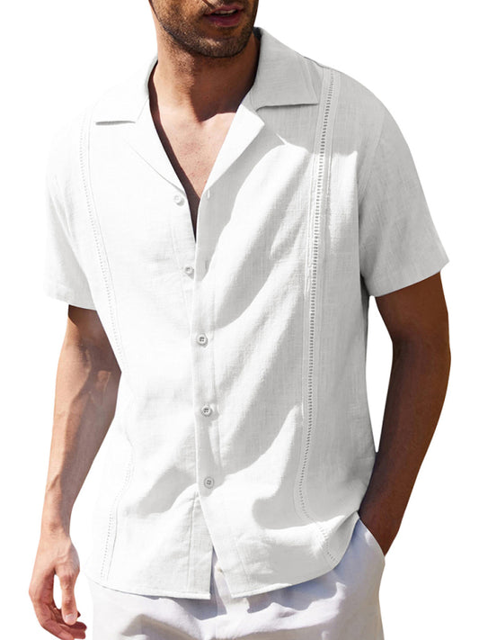 Men's Loose Casual Linen Shirt Cuban Guayabera Short Sleeve Beach Shirt