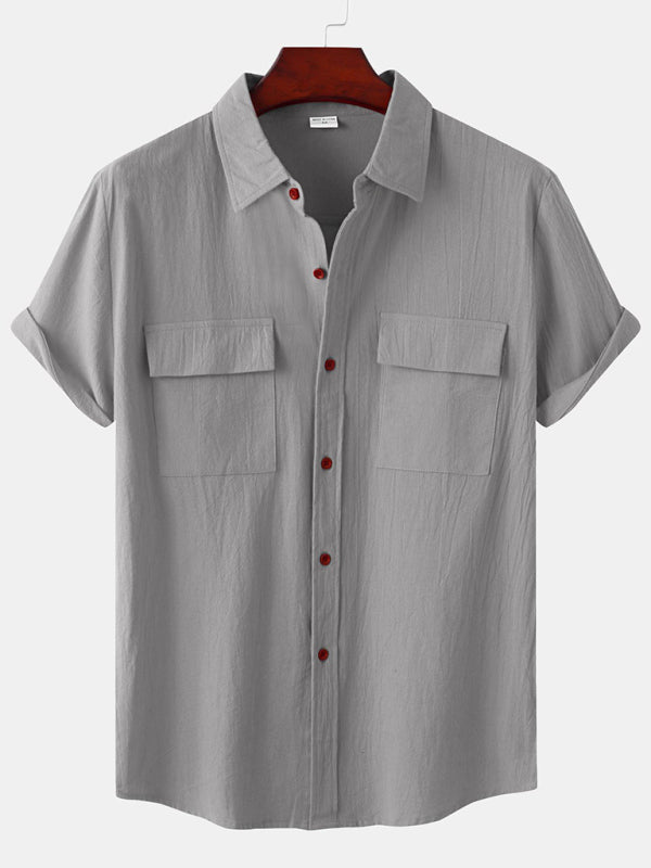 Men's Square Neck Casual Cotton Linen Shirt Linen Solid Color Half Sleeve Top