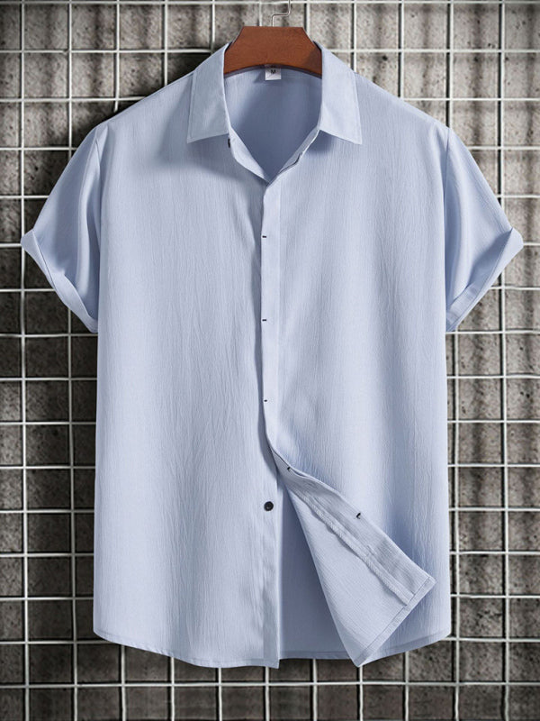 New Men's Short Sleeve Loose Solid Color Button Cotton Linen Shirt