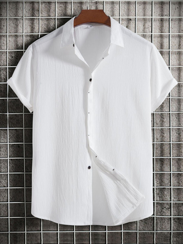 New Men's Short Sleeve Loose Solid Color Button Cotton Linen Shirt