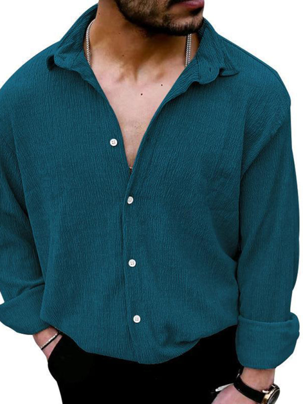 New Men's Solid Color Casual Lapel Long Sleeve Shirt