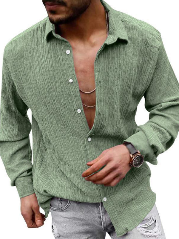 New Men's Solid Color Casual Lapel Long Sleeve Shirt