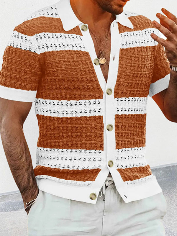 Men's new lapel short-sleeved color-blocked cardigan