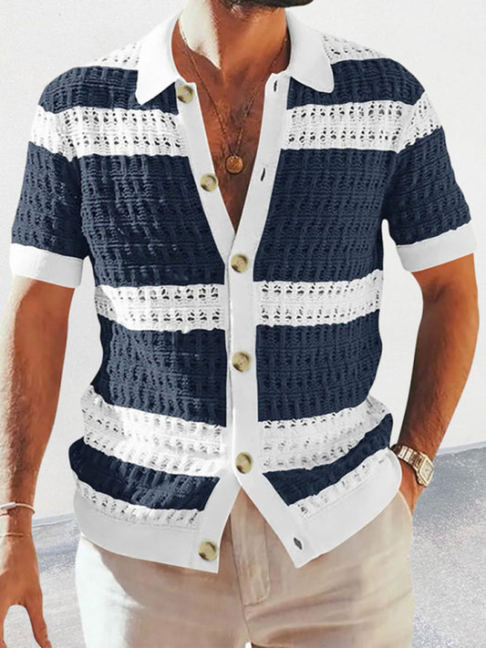 Men's new lapel short-sleeved color-blocked cardigan