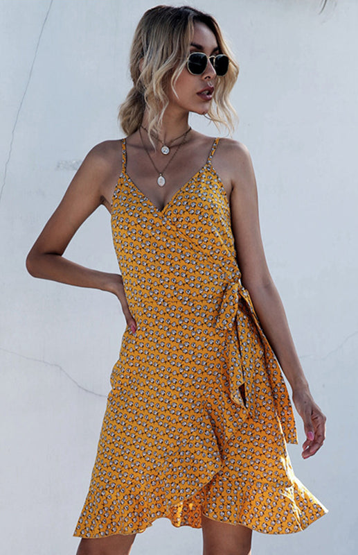 Printed Ruffled Lace-up Beach Slip Dress