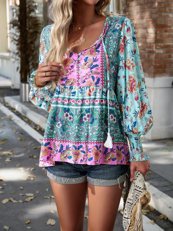 Bohemian casual style cotton printed long-sleeved shirt for women