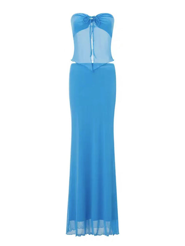 Strapless mesh sexy navel-baring vest hip-wrapped long skirt two-piece set